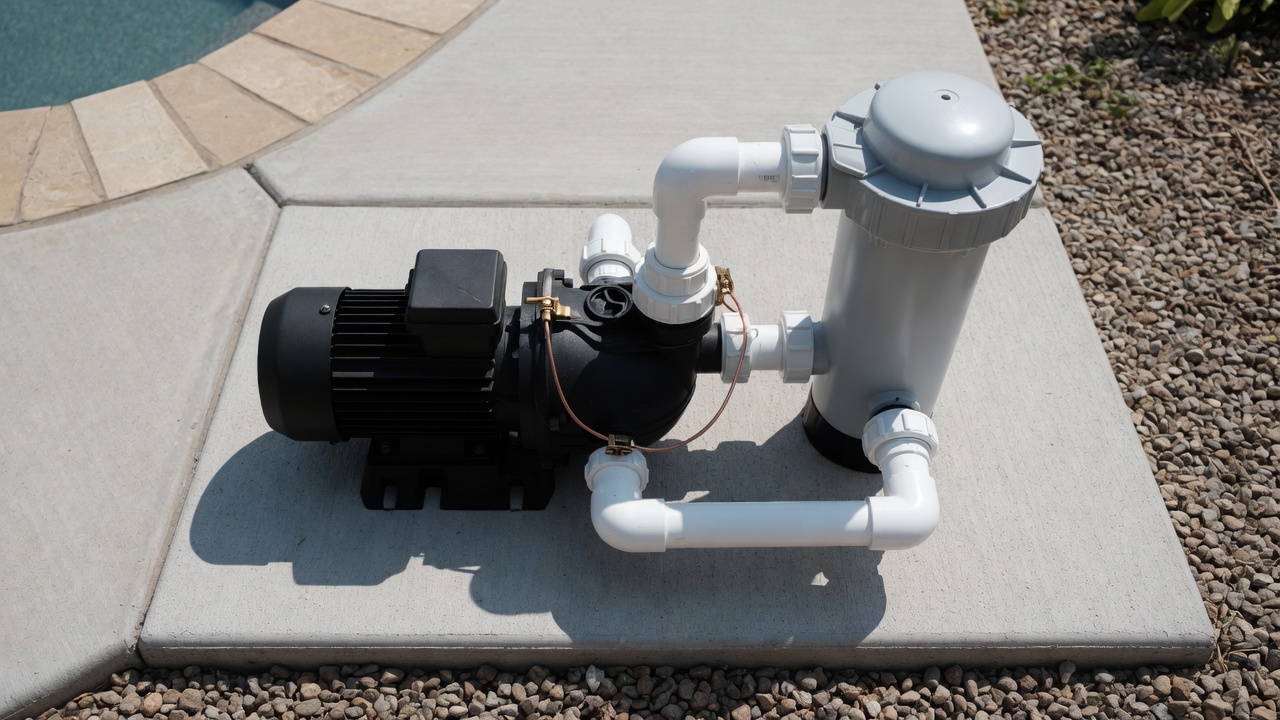 Variable-speed pool pump and cartridge filter on a concrete equipment pad