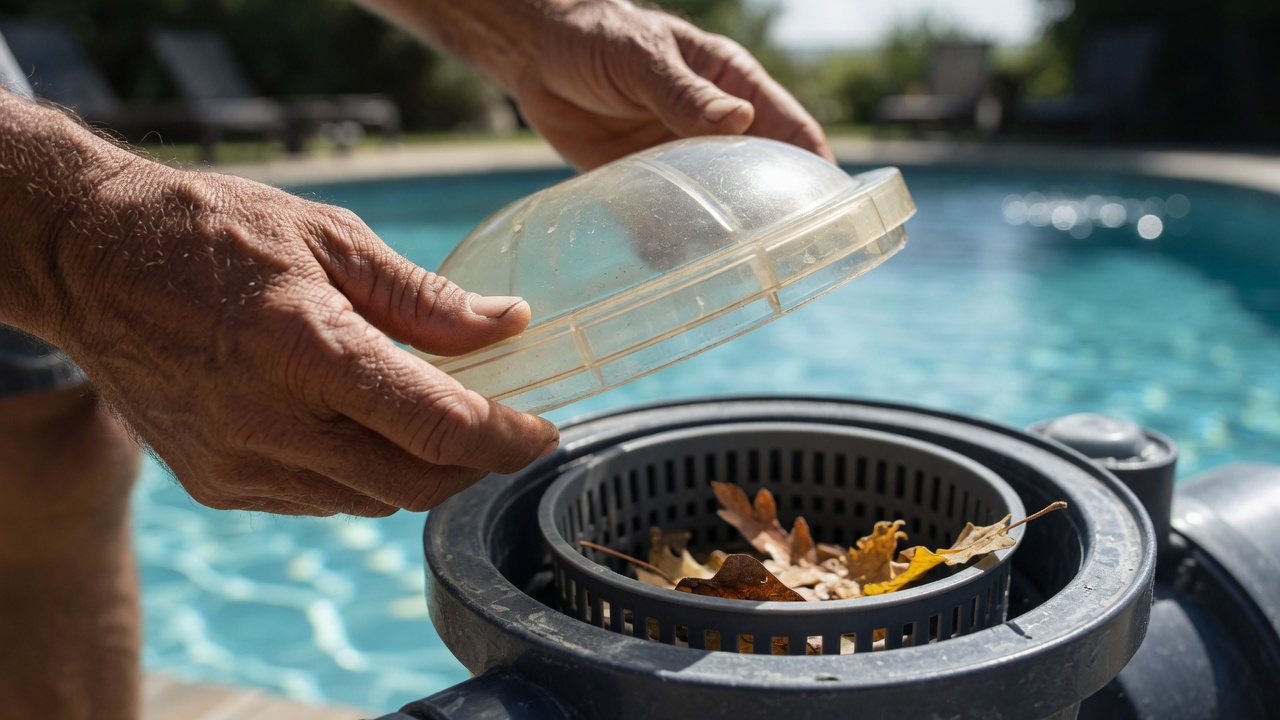 Pool pro removing the clear strainer lid on a pool pump to check the debris basket