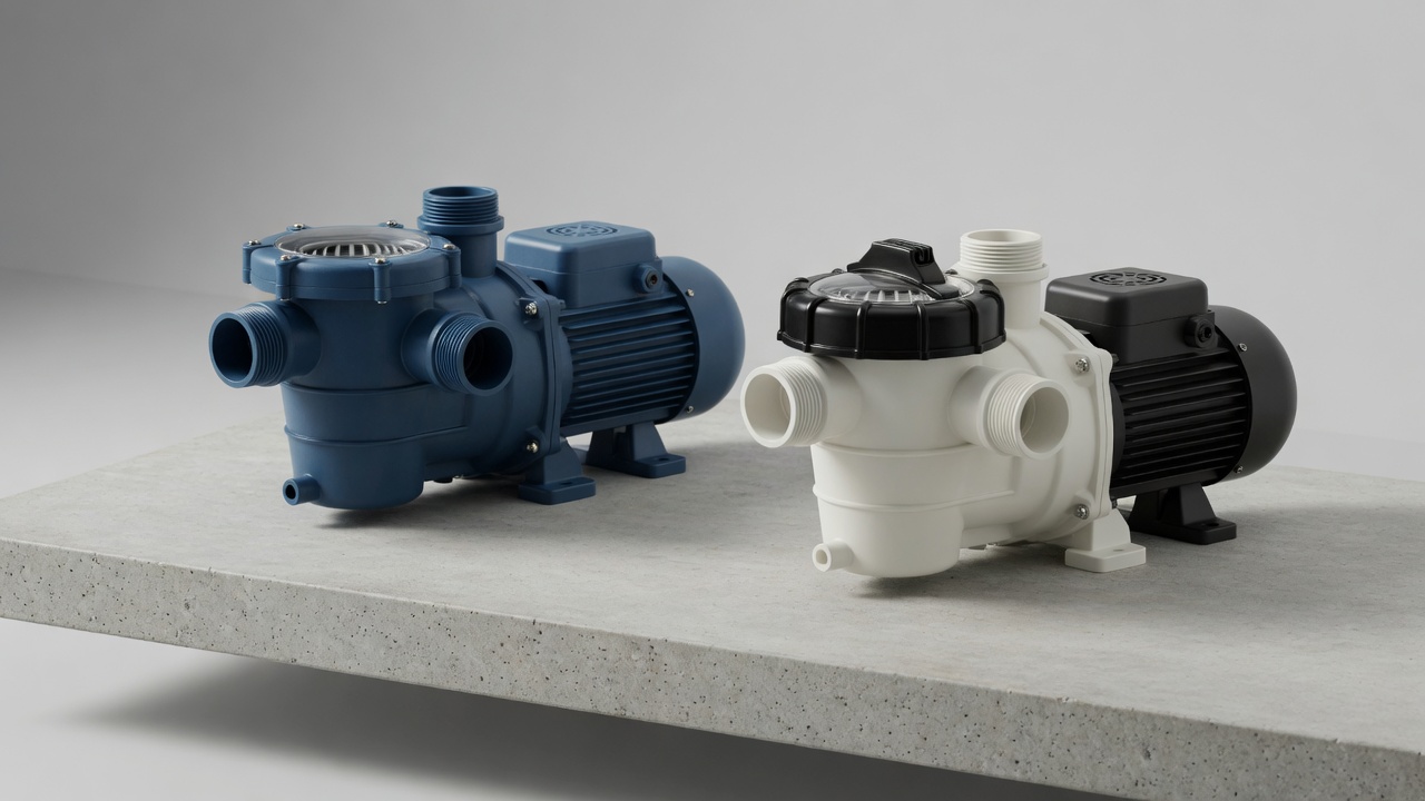 Two residential pool pumps side by side for brand comparison