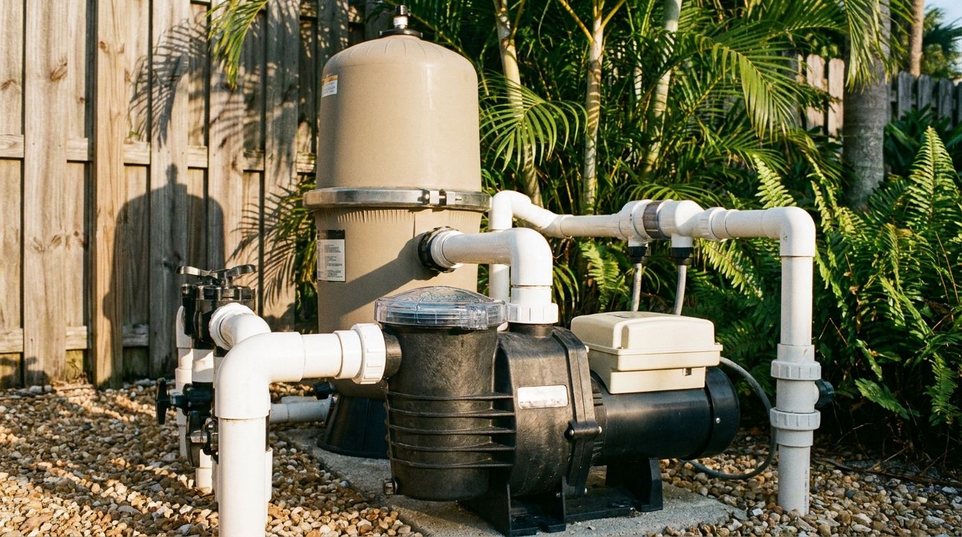 In-ground pool pump and cartridge filter on a gravel equipment pad with PVC plumbing