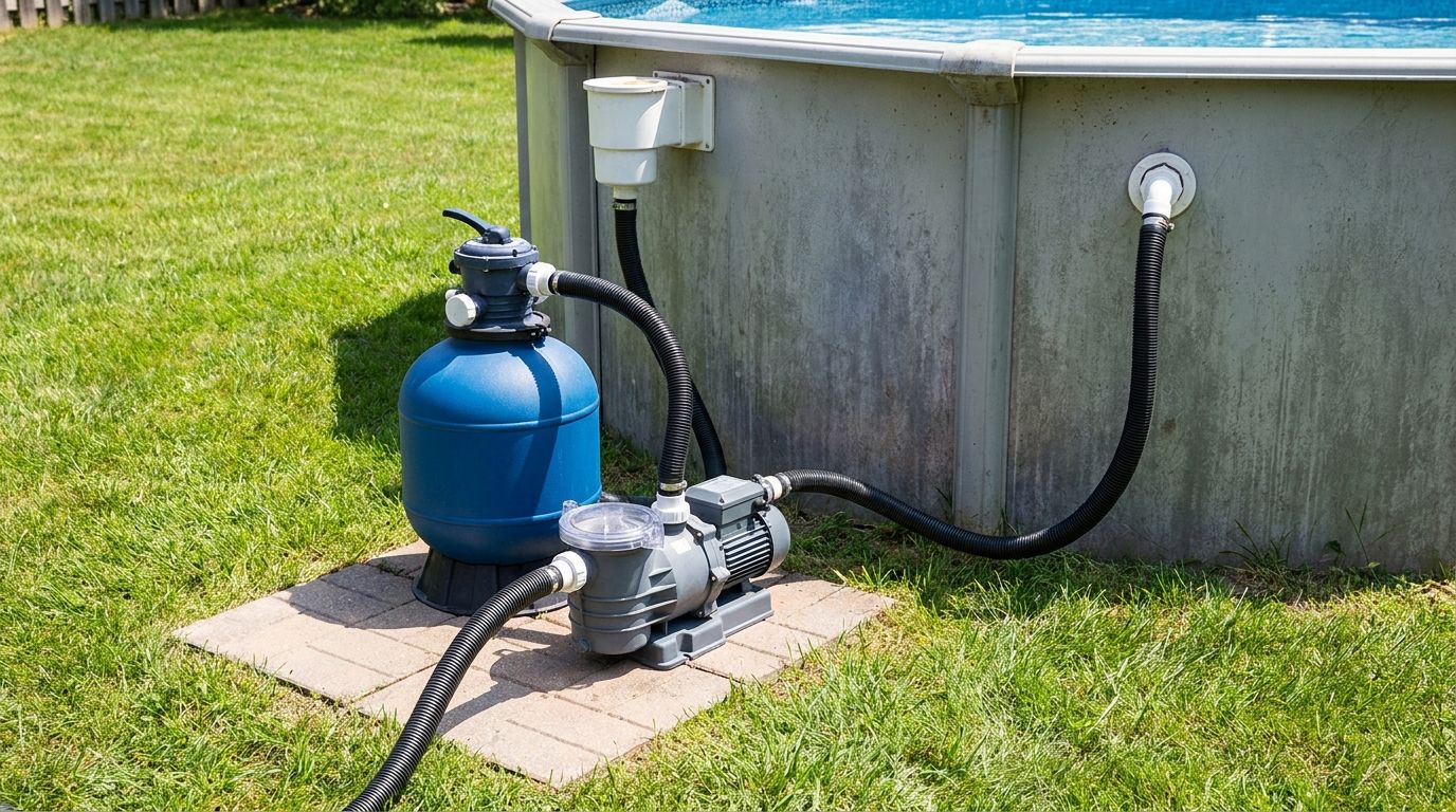 Above-ground pool pump and sand filter system on a paver base next to a round steel-wall pool