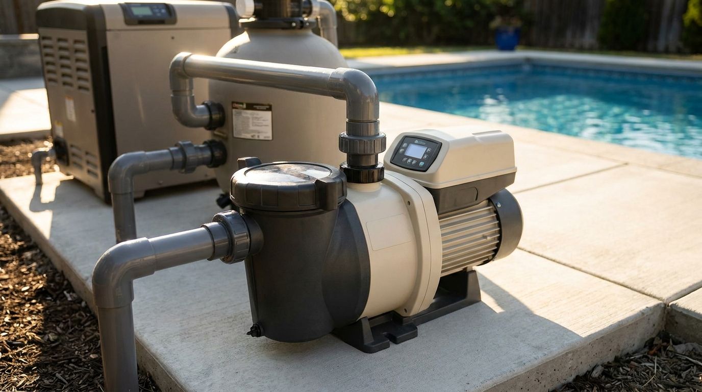 Variable-speed pool pump with digital control panel on a concrete equipment pad beside a residential pool